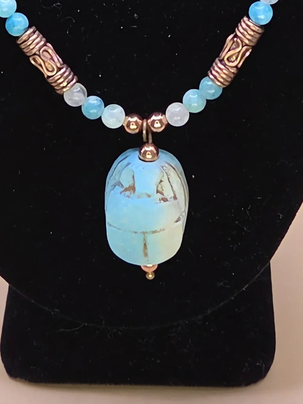 Hemimorphite And Copper Beaded Necklace With Sandstone Scarab Pendant